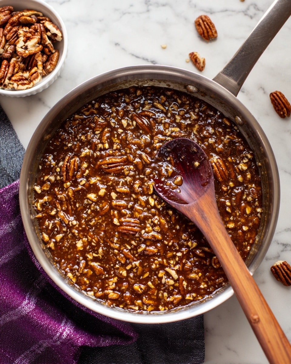 A shiny metal pan filled with a thick, glossy caramel-like syrup mixed with whole and chopped pecans, giving a rich brown and light tan color contrast. A wooden spoon with a deep brown hue sits partially submerged in the mixture, stirring it. The pan is placed on a white marbled surface with a dark gray cloth underneath and a purple and white checkered cloth nearby. In the background, a small white bowl holds additional pecans. photo taken with an iphone --ar 4:5 --v 7