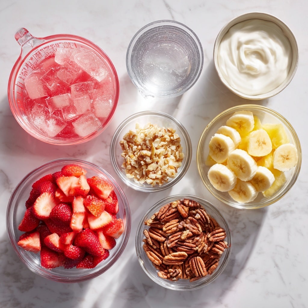 The image shows a white rectangular glass baking dish with a dessert made up of three layers. The bottom layer is a bright red, chunky fruit mixture with visible banana slices and some nuts spread evenly. The middle layer is a smooth, thick white creamy topping covering half of the fruit layer, with a spoon partly spreading it. The top layer is the same bright red fruit mixture poured over the white cream, partially covering the cream and scattered with banana slices and nuts. The baking dish sits on a blue and white striped cloth on a white marbled surface. Photo taken with an iphone --ar 4:5 --v 7