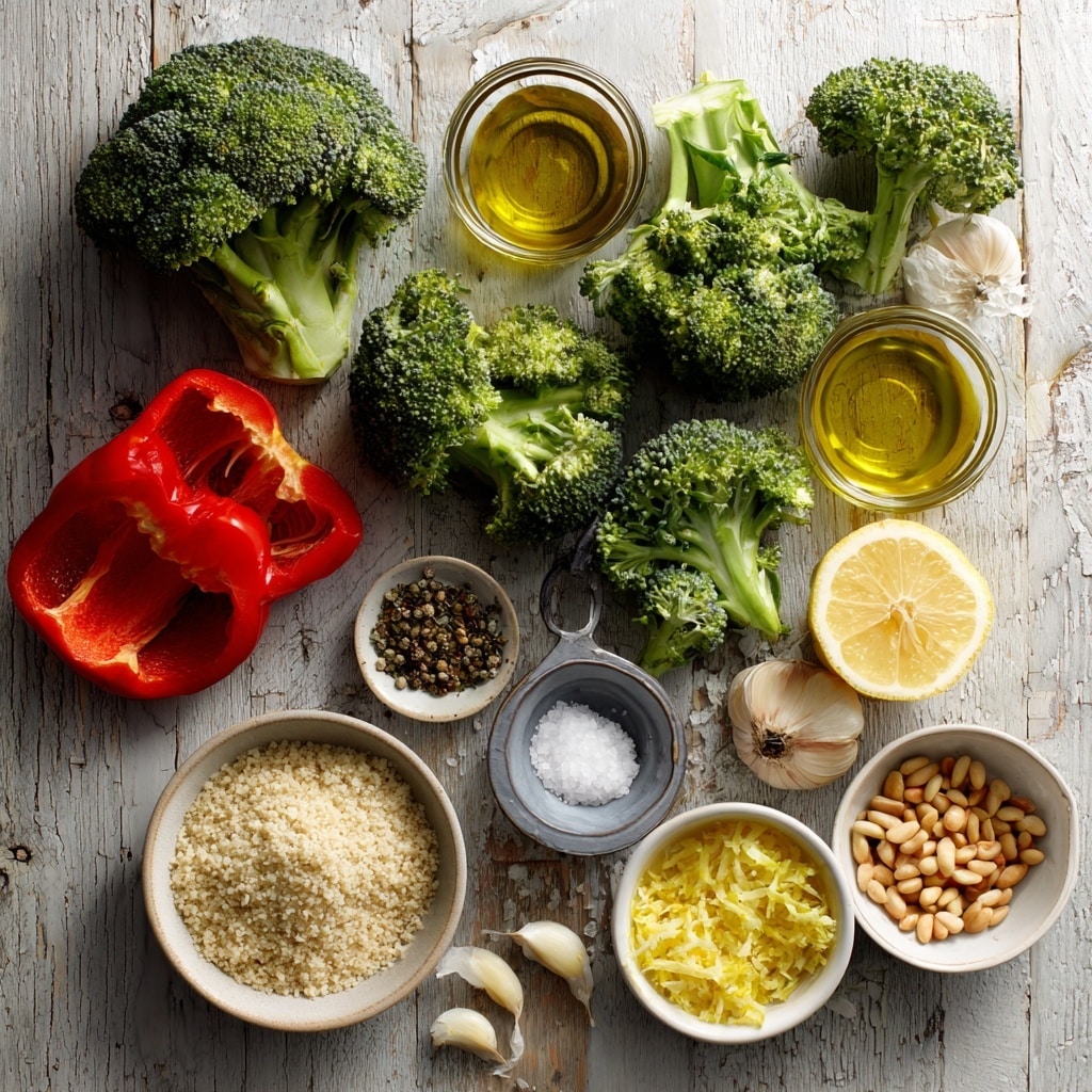 The dish is a single-layer spread of bright green broccoli florets scattered evenly, mixed with small diced red bell peppers for a pop of color. On top, there is a sprinkling of light tan pine nuts and fine shreds of white cheese evenly spread across the vegetables, adding texture and contrast. The ingredients rest on a flat baking sheet with a red silicone liner, all placed on a white marbled surface. The vibrant colors and varied textures create a fresh, healthy look photo taken with an iphone --ar 4:5 --v 7