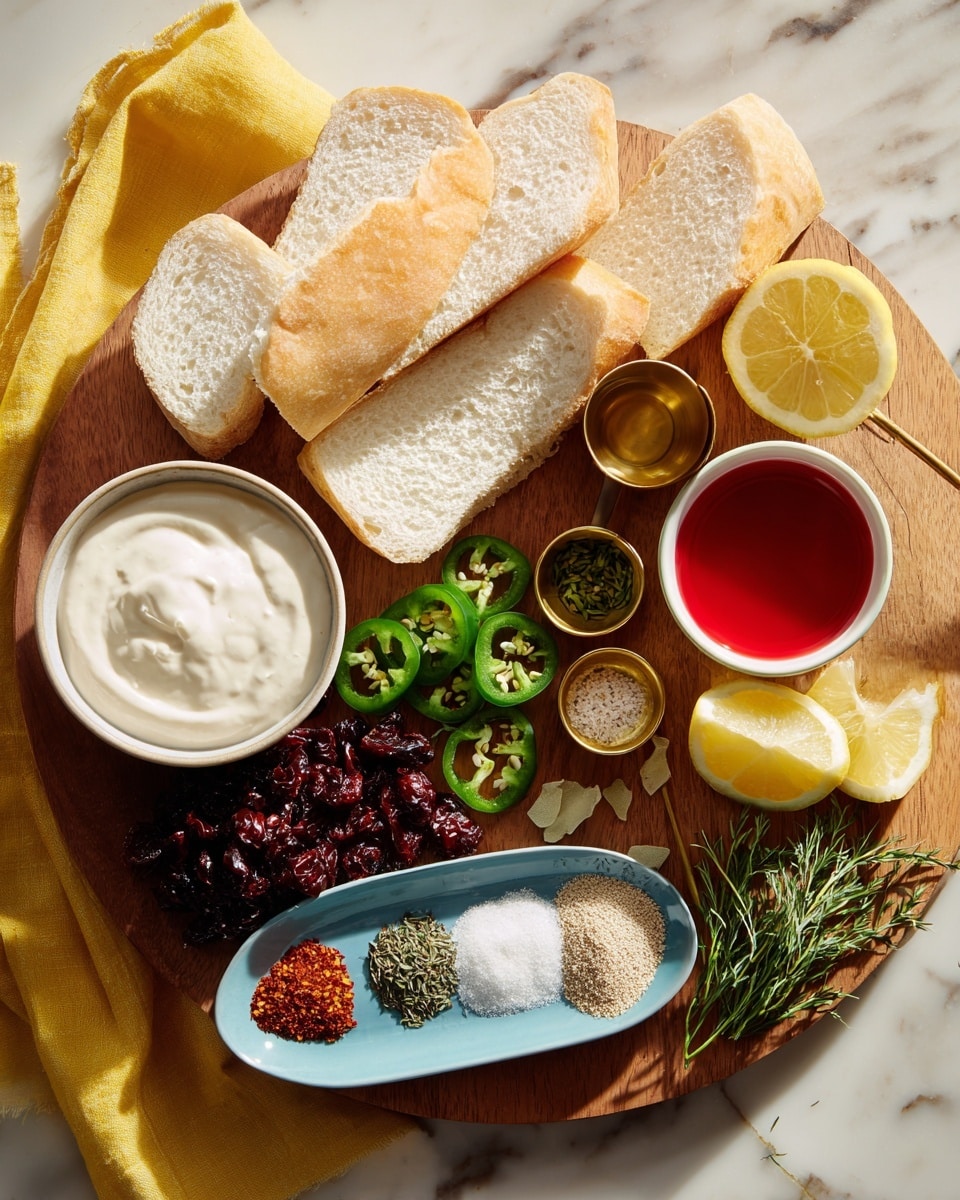 A wooden round board is set on a white marbled surface with a yellow and white cloth underneath its edge. On the board, there is a white bowl filled with a soft, creamy white mixture placed near one side. Next to it, a small white bowl contains a bright red liquid. Around these, there are several slices of white bread, some placed flat and others stacked near a longer loaf. Green jalapeno slices and whole green peppers sit alongside lemon wedges arranged neatly. Two gold measuring cups hold a white powdery ingredient and a creamy white liquid. A blue oval plate holds small piles of red chili flakes, dried herbs, and light tan powders. In the middle, a pile of dark red dried cranberries adds color contrast. Some sprigs of fresh green herbs lay on the wooden board, adding a natural touch. The scene is brightly lit, showing clear textures and colors, photo taken with an iphone --ar 4:5 --v 7