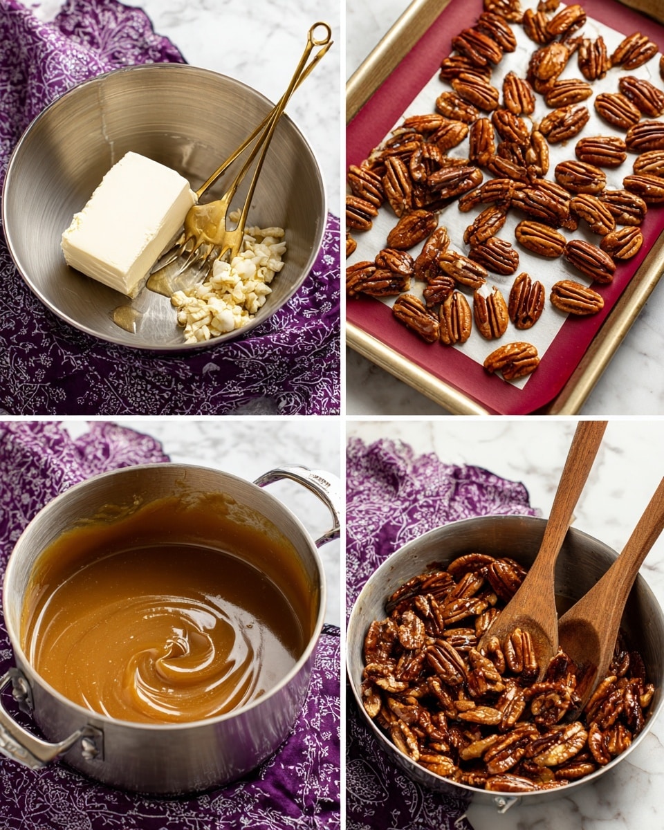The image shows four close-up shots arranged in a grid. The top left has a silver mixing bowl with a block of white cream cheese, a spoonful of honey, and minced garlic on top, with a gold fork resting inside, all set on a white marbled cloth with a purple patterned cover underneath. The top right shows roasted pecans spread unevenly on a metal baking sheet lined with a red silicone mat. The bottom left displays a pot filled with a smooth, shiny caramel-colored sauce with a wooden spatula resting inside. The bottom right features a metal bowl holding pecans coated in the thick caramel sauce, with a wooden spoon partly mixing the glossy mixture, all placed on a white marbled surface covered by a purple cloth with a white pattern. Photo taken with an iphone --ar 4:5 --v 7