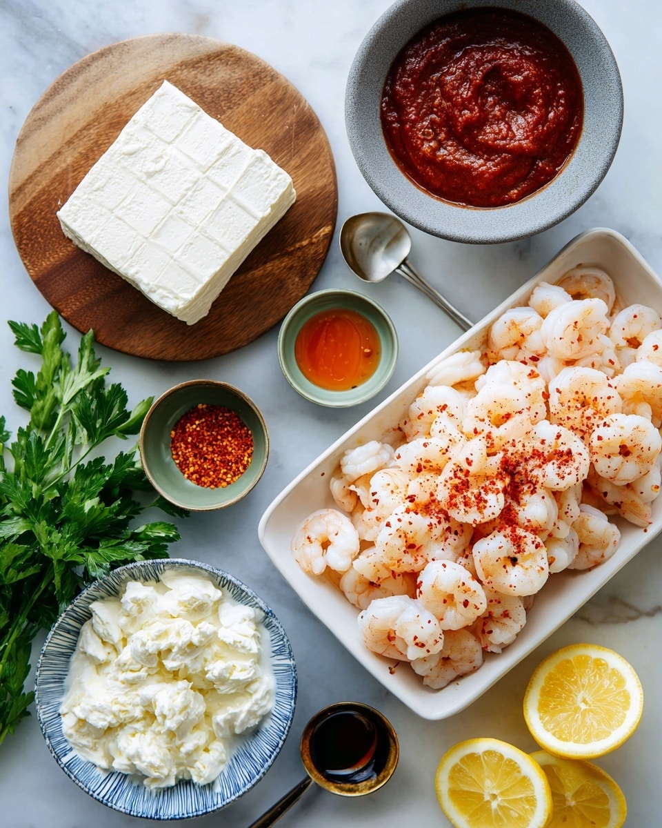 A long white dish holds a pile of light pink cooked shrimp seasoned with red pepper flakes on the right side. Above them, there is a small gray bowl filled with thick red sauce. To the left, a wooden board carries a block of white cream cheese in the center. Surrounding the cheese are small green bowls with a red spice powder, orange hot sauce, and dark soy sauce with a small spoon. Below and beside the board, a blue and white bowl contains a creamy white sauce. A white plate nearby has lemon wedges and a green bowl with a white creamy ingredient. Fresh green parsley is placed around the ingredients, all set on a white marbled surface. photo taken with an iphone --ar 4:5 --v 7
