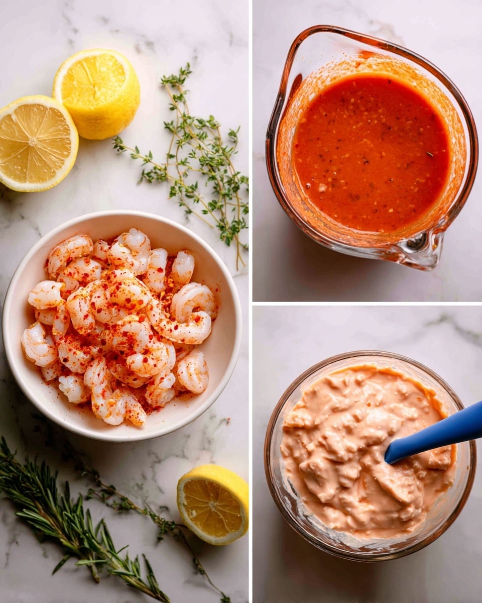 The image shows three close-up shots side by side, each with ingredients or mixtures for cooking placed on a white marbled surface with green herbs around. The first shot features a white bowl filled with small cooked shrimp that are pink and slightly shiny, with red pepper flakes sprinkled over them and two halves of lemon sitting on top. The second shot displays a glass measuring cup filled with a thick, smooth, reddish-orange sauce, with a blue spatula resting inside the cup. The last shot captures another glass measuring cup holding a thick, pale pink creamy mixture that is textured with pieces of shrimp, with the same blue spatula partially immersed in it. photo taken with an iphone --ar 4:5 --v 7