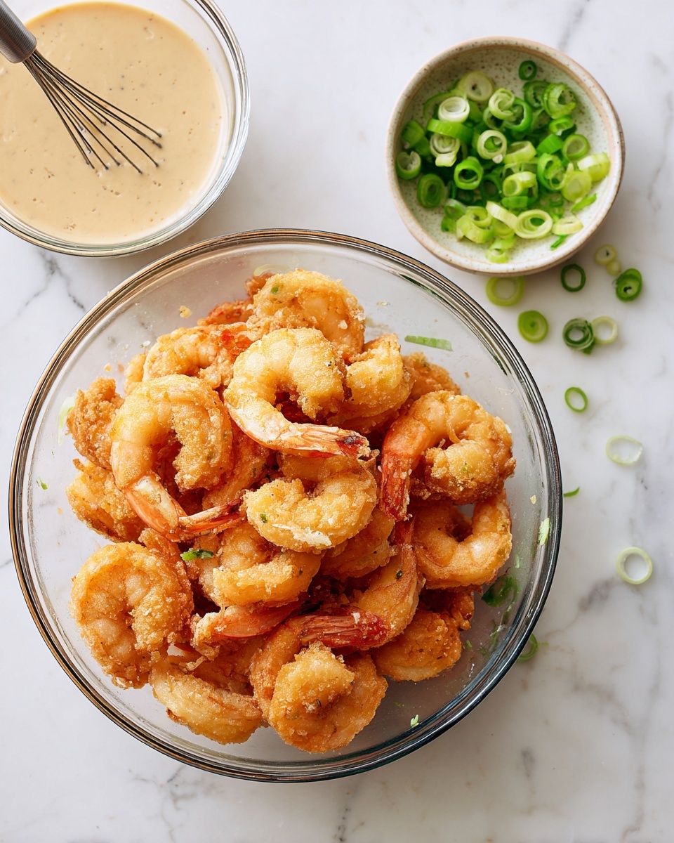 The image shows a clear glass bowl filled with about a dozen cooked shrimp that are golden brown with a crispy texture, piled loosely in the center. To the left, there is a smaller clear glass bowl with a light beige creamy sauce with a whisk resting inside. On the right side of the large bowl, some chopped green onions are placed near the edge. The bowls are on a white marbled surface. photo taken with an iphone --ar 4:5 --v 7