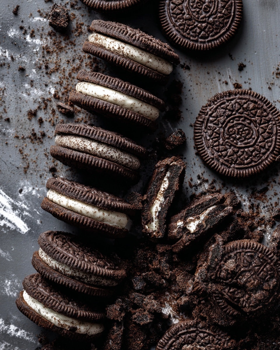 The image shows a close-up of whole and broken Oreo cookies scattered on a dark gray surface replaced with a white marbled texture. On the left side, there is a neat row of whole Oreo cookies with their dark brown color and detailed patterns visible. To the right, there is a large pile of broken Oreo pieces with a mix of dark brown cookie parts and white cream layers. Some cookie crumbs are scattered around the pieces, adding texture to the scene. Photo taken with an iphone --ar 4:5 --v 7