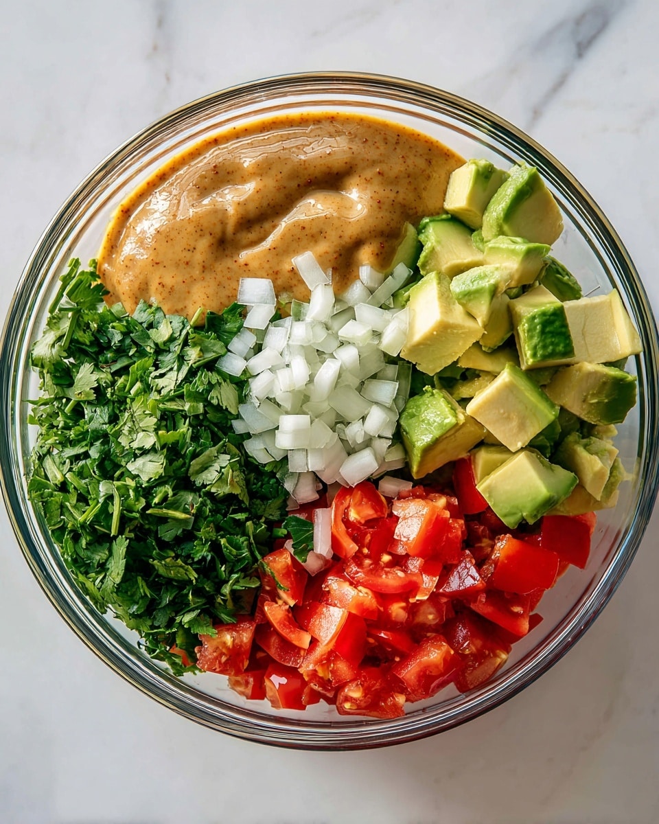 A clear glass bowl on a white marbled surface holds several layers of fresh ingredients. At the bottom, there is a pile of finely chopped green herbs which look like cilantro. Above the herbs, there are small white diced onions spread in the middle. To the right, chunks of light green avocado with some darker spots are stacked. Diced red tomatoes are nestled near the avocado. On the left side, there is a thick, smooth, light brown sauce with small bits in it. The ingredients have a fresh and colorful look, ready to be mixed together. Photo taken with an iphone --ar 4:5 --v 7