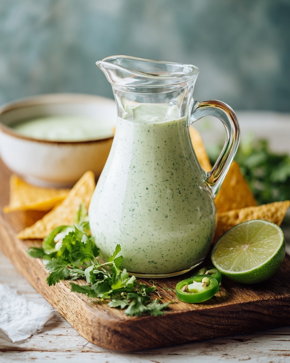 Creamy Jalapeño Ranch Recipe 5 A clear round bowl filled with creamy light green sauce with tiny dark green specks, placed on a white marbled texture surface. A woman's hand is dipping a triangular beige-colored chip with black seeds into the sauce, coating half the chip with the sauce. Around the bowl, there are fresh dark green cilantro leaves and two sliced jalapeño peppers showing their light green insides. The image captures a close-up view focused on the sauce and chip. photo taken with an iphone --ar 4:5 --v 7