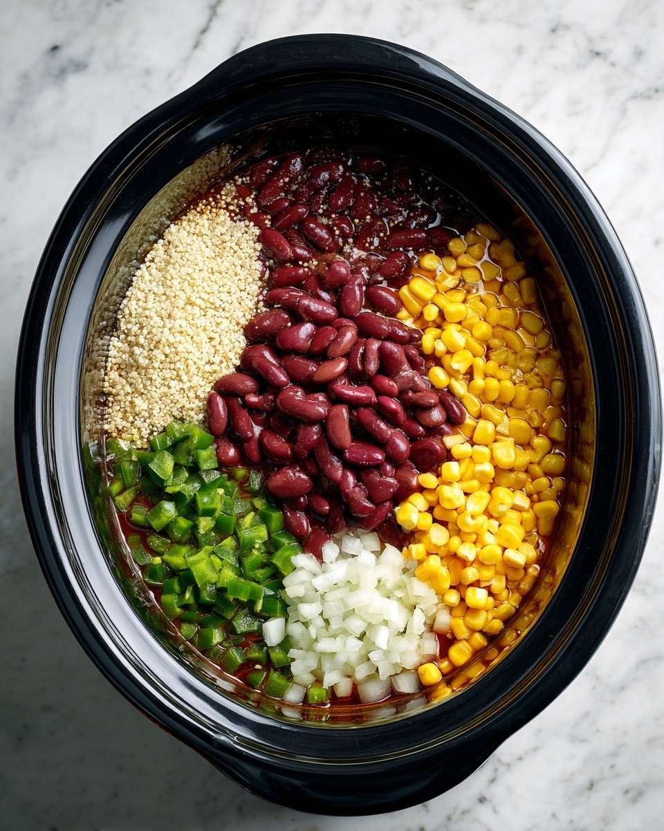 Crock Pot Mexican Quinoa Casserole Recipe 4 Inside a black slow cooker, six layers of ingredients are visible from above. At the top right, there is a pile of dark red kidney beans surrounded by a dark broth. Below them, bright yellow corn kernels sit next to a layer of green chopped peppers at the bottom left. To the left of the peppers, there is a mound of tiny off-white grains, likely quinoa. Above these grains, near the top left, sits a cluster of small white chopped onions. All the ingredients have a fresh and natural texture, and they are arranged so each component stays mostly separate in the slow cooker. The surface under the slow cooker is a white marbled texture photo taken with an iphone --ar 4:5 --v 7