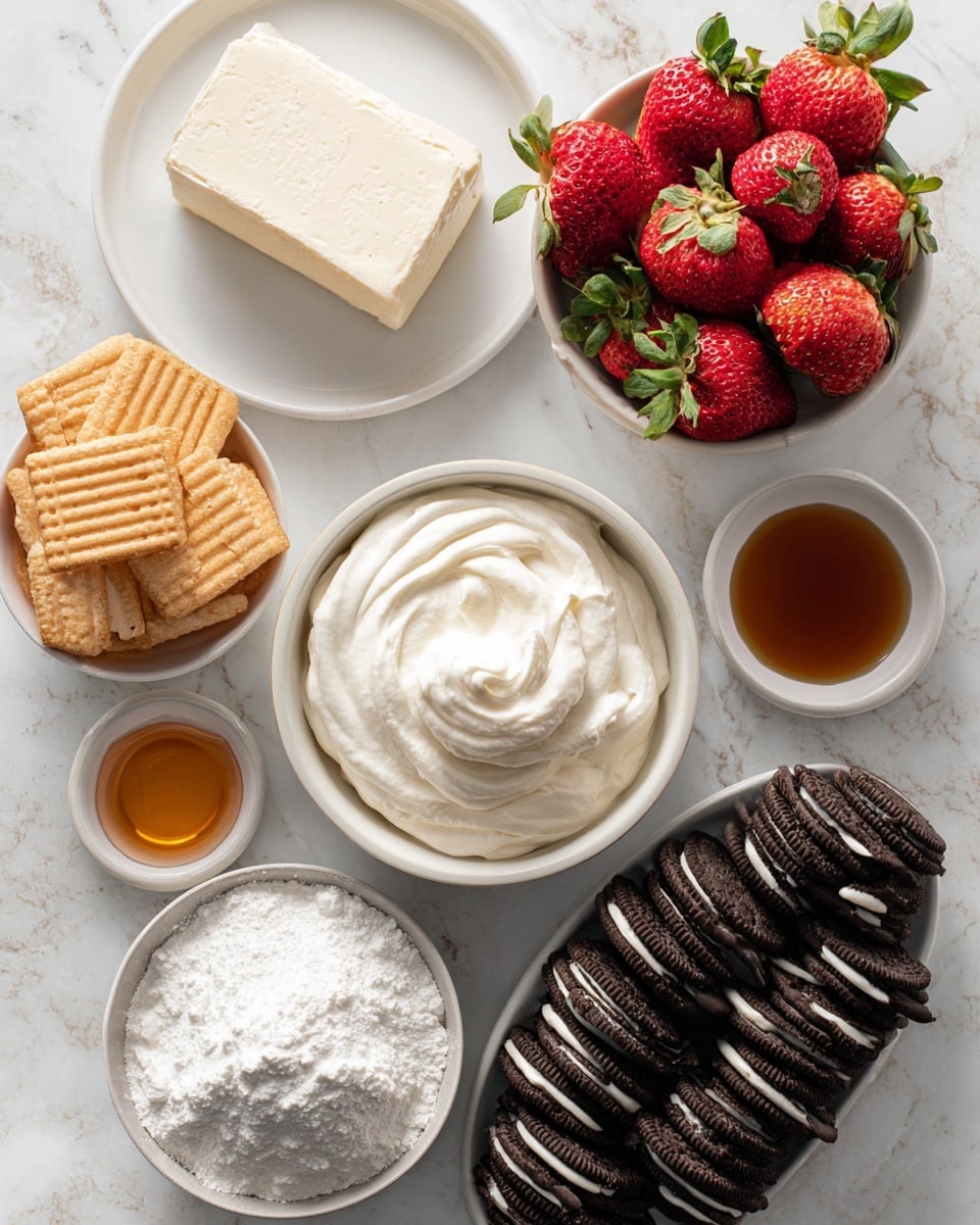 A top-down view of several white bowls and plates arranged on a white marbled surface, each holding a different ingredient: a rectangular block of cream cheese sitting on a small white plate with a smooth texture and off-white color; a larger bowl filled with thick, creamy whipped topping with visible swirls on the surface; a bowl of fresh whole strawberries with bright red color and green leafy tops; a tiny bowl with amber vanilla extract showing a shiny, liquid texture; a bowl of round, golden vanilla wafer cookies with a slightly rough texture; a bowl filled with white powdered sugar, soft and fluffy; and a white plate piled with dark chocolate sandwich cookies with cream filling facing up. photo taken with an iphone --ar 4:5 --v 7