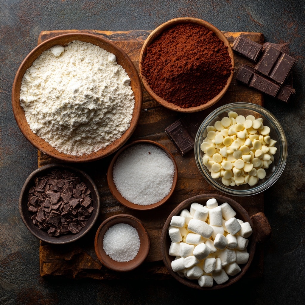 A clear square container filled with three distinct layers: the bottom layer is full of small white marshmallows, the middle layer is packed with fine brown cocoa powder, and the top layer has a thin dusting of cocoa powder scattered with several small white marshmallows. The container sits on a white marbled surface with extra marshmallows scattered around and a red cloth in the background. photo taken with an iphone --ar 4:5 --v 7