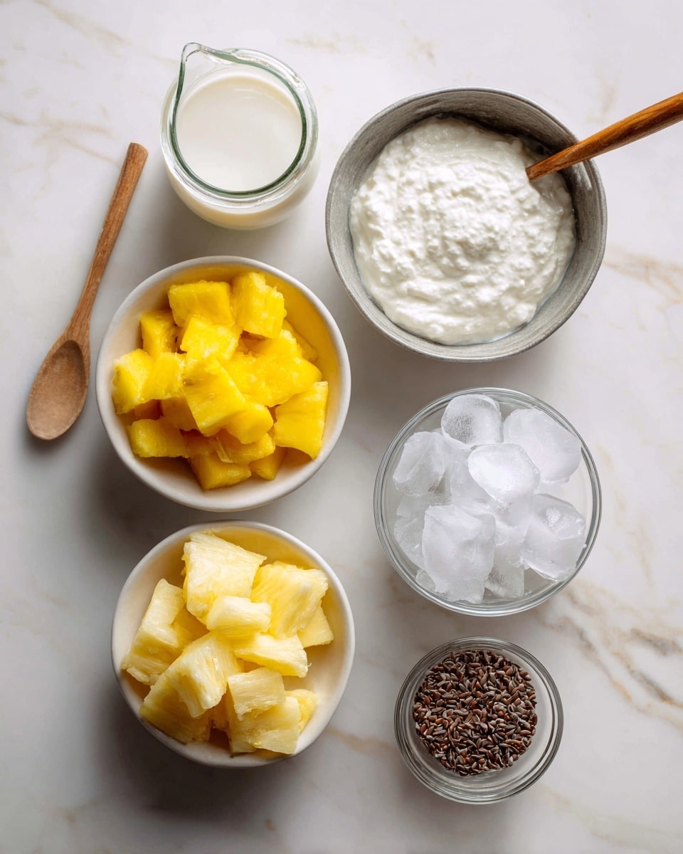 The image shows six containers on a white marbled surface, each holding a different ingredient. Starting from the top left, there is a small glass pitcher filled with cream, next to a metal bowl with thick white yogurt and a small wooden spoon inside it. Below these containers are two white bowls; one filled with bright yellow frozen mango chunks and the other with pale yellow frozen pineapple pieces. To the right, a small wooden spoon holds brown flax seeds. Lastly, a clear glass bowl contains white ice cubes. Everything is laid out neatly with soft natural lighting. photo taken with an iphone --ar 4:5 --v 7