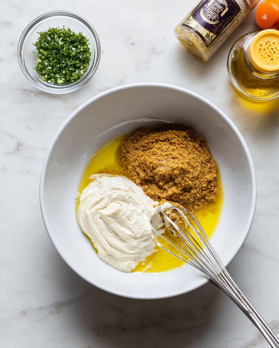 A white bowl on a white marbled surface holds three ingredients side by side: on the left, a grainy brown mustard paste, in the middle a thick white mayonnaise, and at the bottom a pool of yellow oil or melted butter. A metal whisk dips into the bowl from the right side, slightly touching the yellow layer. Behind the bowl on the white marbled surface, there is a small glass bowl with chopped green herbs, a container of crab meat with a black and purple label, a bottle of yellow seasoning, and an orange item partially visible. Photo taken with an iphone --ar 4:5 --v 7
