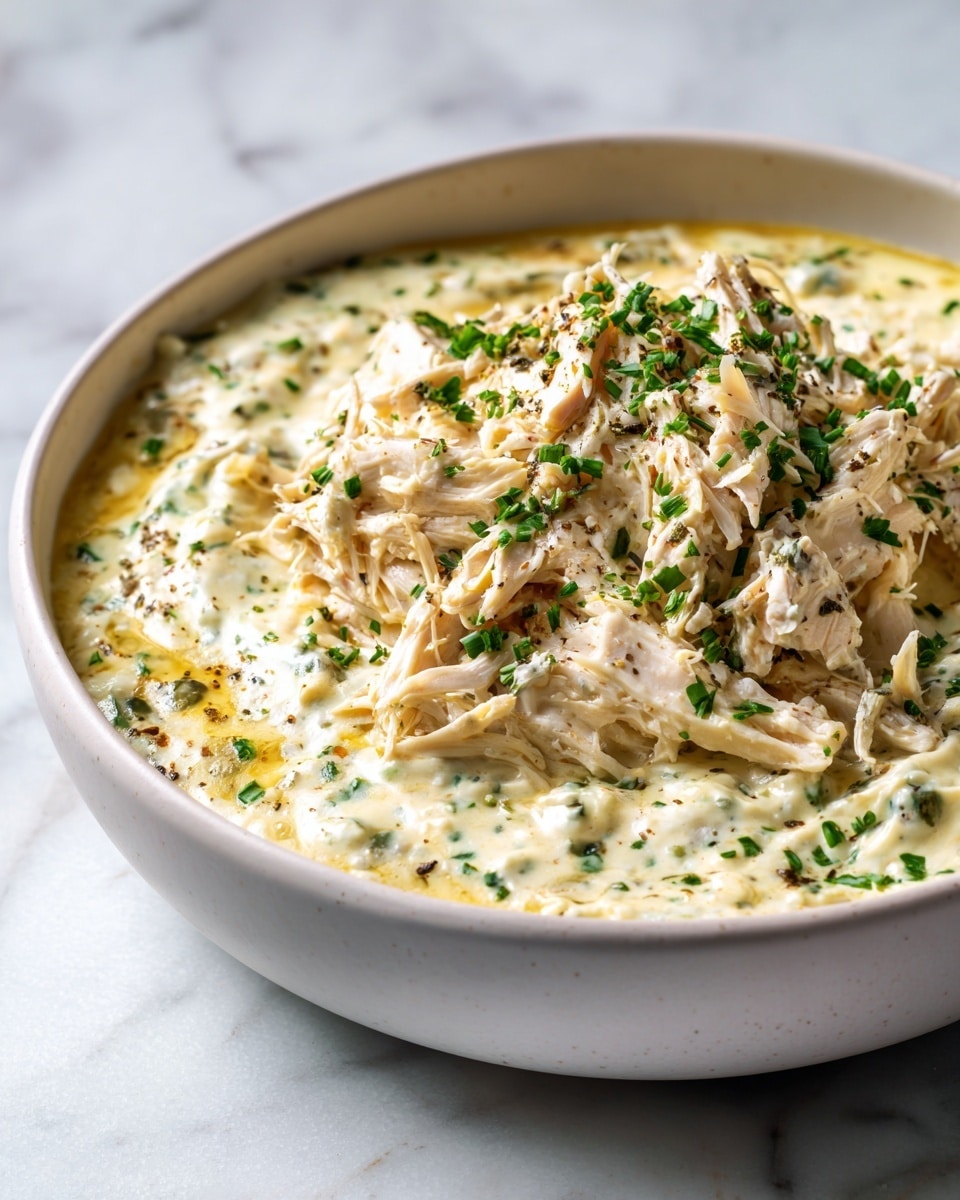 A white bowl holds a dish with two layers: the bottom layer is a creamy mixture with a pale yellow color and specks of green herbs spread evenly around the bowl, and the top layer is a pile of light beige shredded meat spread loosely in the center, creating a textured look. The background is a white marbled surface with a few jars in the blurred background. Photo taken with an iphone --ar 4:5 --v 7