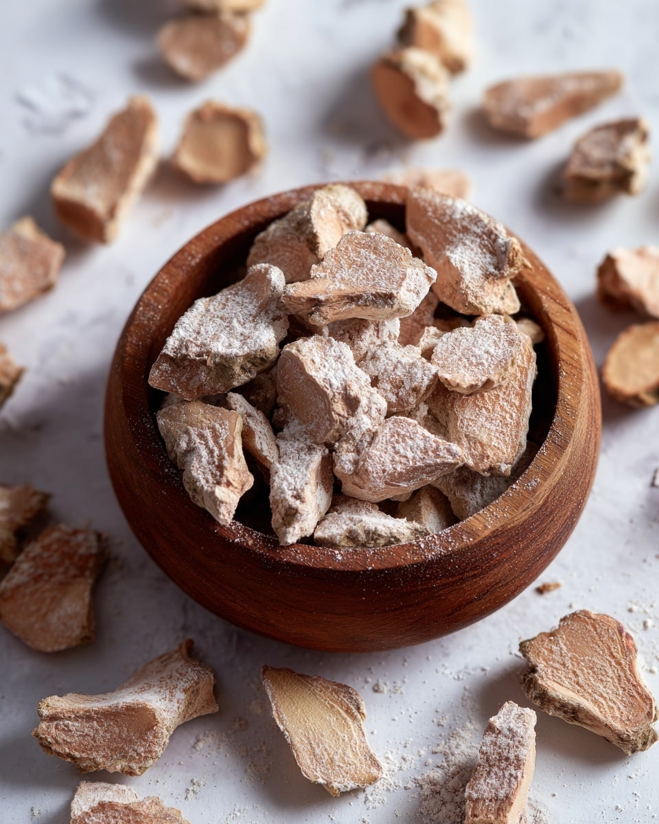 A round wooden bowl filled with irregular pieces of light brown dried ginger dusted with white powder, placed in the center on a white marbled surface. Around the bowl, similar pieces of dried ginger are scattered randomly, showing a rough texture and pale color. The lighting highlights the matte and slightly rough texture of the ginger pieces, giving a natural and simple look. photo taken with an iphone --ar 4:5 --v 7