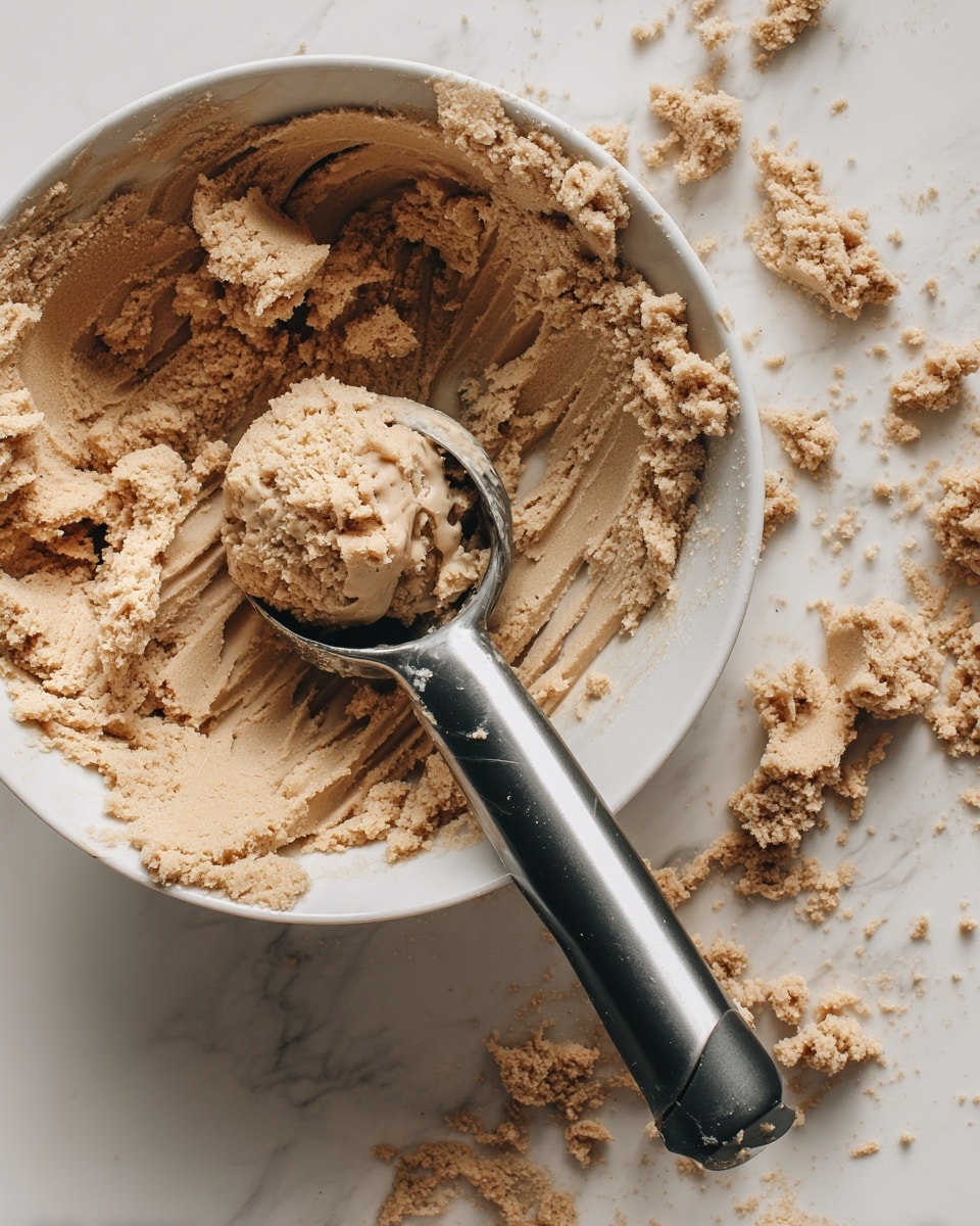 A close-up image showing a white bowl filled with light brown dough that has a crumbly texture. An ice cream scoop with black handles is inside the bowl, holding a rounded portion of the dough. The bowl has some dough stuck around the edges, and more dough pieces spread inside. The background is a white marbled surface. photo taken with an iphone --ar 4:5 --v 7