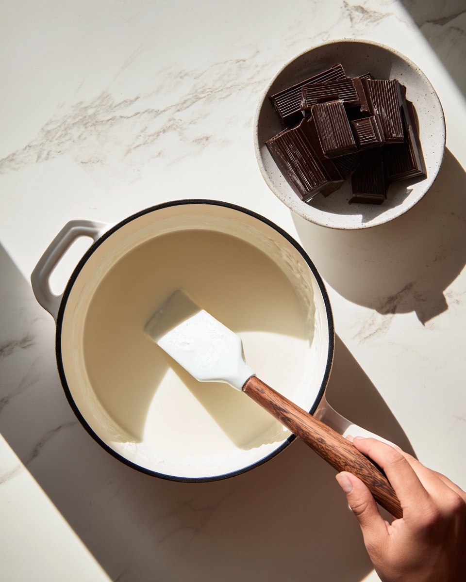 A white saucepan with a black rim contains a smooth white liquid being stirred by a white spatula with a wooden handle held by a woman's hand on the right. At the top right corner, a small white bowl is filled with several dark brown chocolate pieces stacked unevenly. The items sit on a white marbled surface with natural lighting casting soft shadows. Photo taken with an iphone --ar 4:5 --v 7