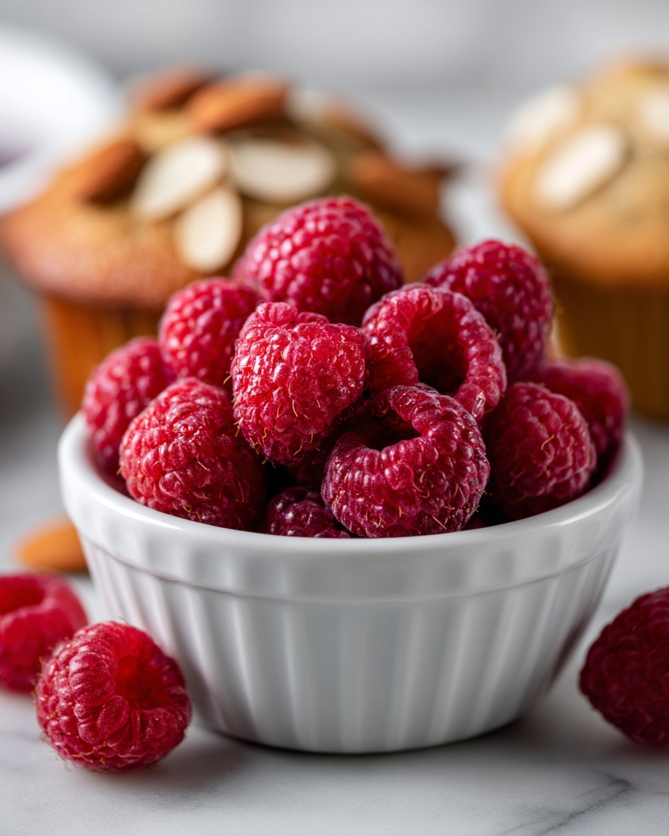 A small white bowl is filled with bright red raspberries that look fresh and plump. The bowl sits on a white marbled surface. In the blurred background, there are two muffins, one topped with sliced almonds showing a light brown color and the other lighter. The focus is on the richly textured, shiny raspberries in the small bowl. photo taken with an iphone --ar 4:5 --v 7