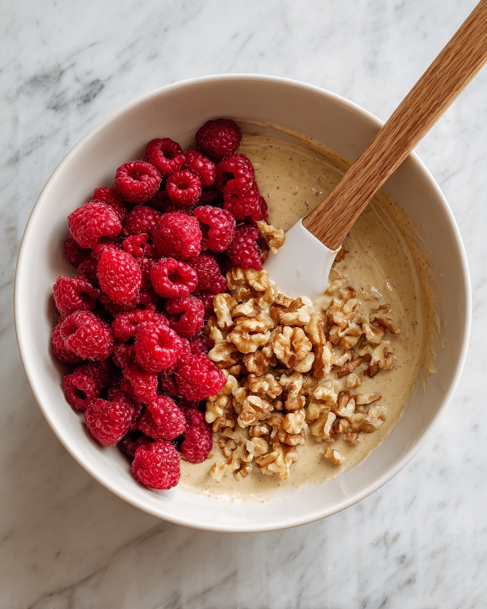 A white bowl with a creamy beige batter inside has a layer of chopped walnuts spread evenly on one side and a pile of bright red raspberries on the other side. A white spatula with a light wooden handle rests inside the bowl, partially covered by the batter. The bowl is placed on a white marbled surface. photo taken with an iphone --ar 4:5 --v 7