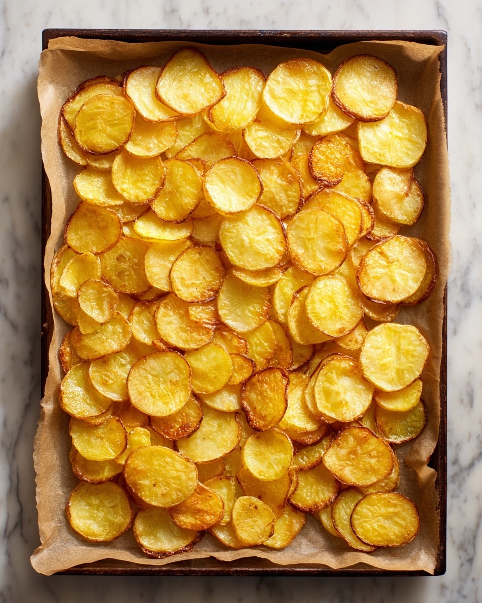 The image shows a baking tray filled with one layer of thin, golden roasted potato slices, each slice having a slightly crispy, browned edge with a soft yellow center. The tray is lined with brown parchment paper, and the potatoes are evenly spread out in neat rows, covering the entire tray surface. The background is a white marbled texture. photo taken with an iphone --ar 4:5 --v 7