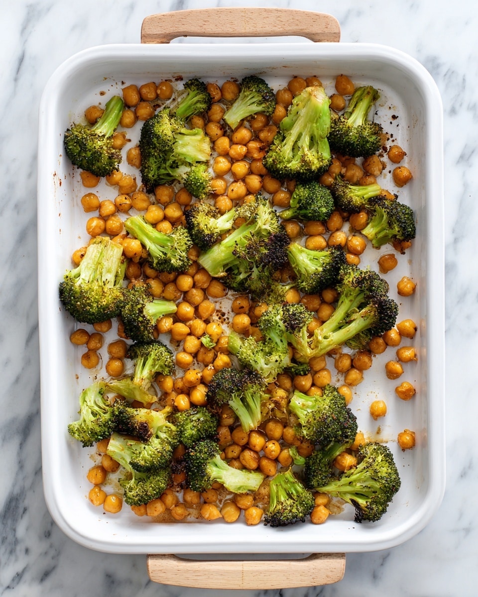 A white rectangular pan filled with roasted chickpeas and broccoli florets. The chickpeas are small, round, and golden brown, scattered evenly across the pan. The broccoli pieces are bright green with slightly darkened edges from roasting, placed among the chickpeas in an irregular pattern. The pan is on a white marbled surface with the wooden handles visible on the upper and lower sides. photo taken with an iphone --ar 4:5 --v 7