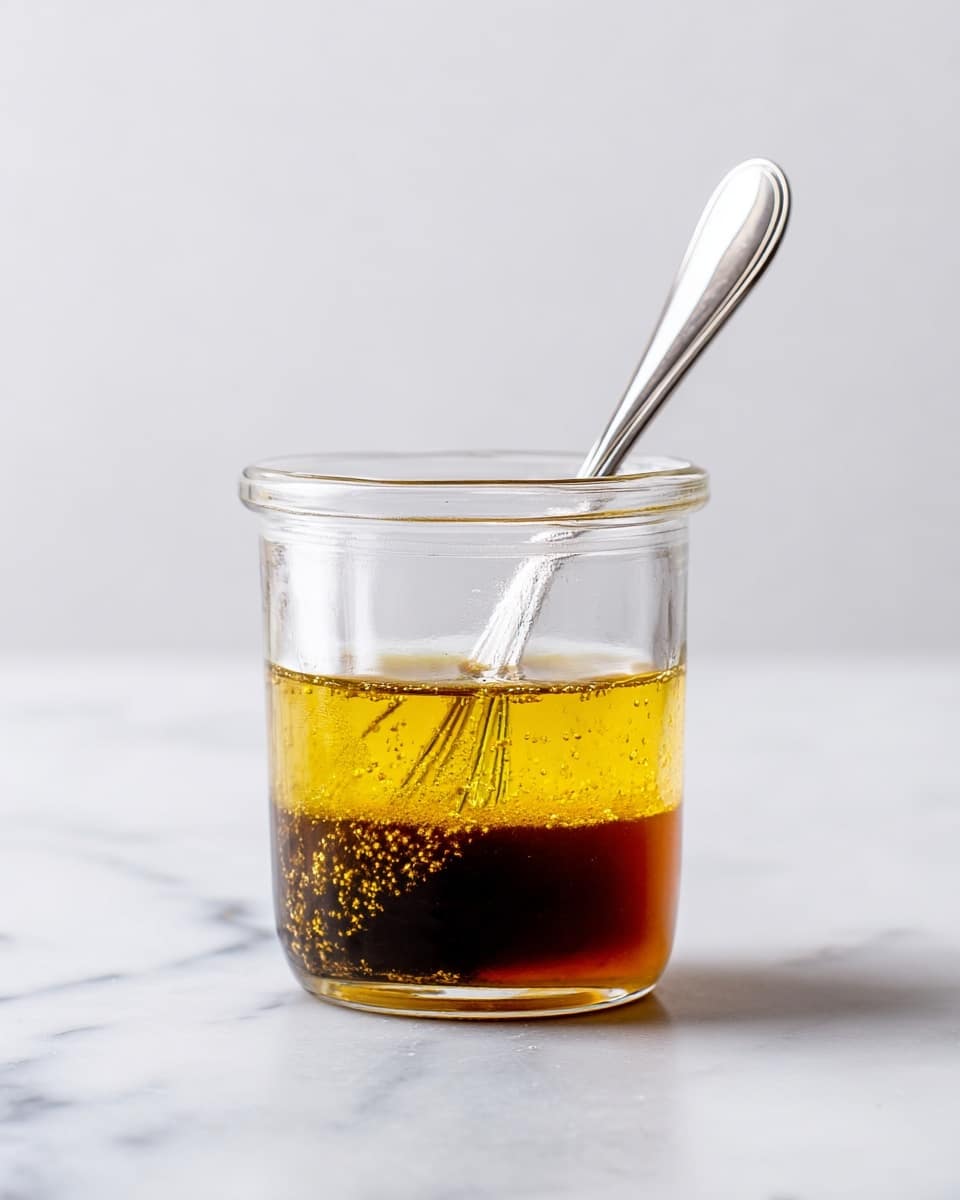 A small clear glass jar holds a mixture with three visible layers: the bottom layer is a light brown liquid, the middle layer is a thinner dark brown layer, and the top layer is golden yellow with small grainy bits floating in it. A thin silver mini whisk with a straight handle is inside the jar, slightly lifted and leaning towards the jar's right side. The jar is placed on a smooth white marbled surface with a plain white background. photo taken with an iphone --ar 4:5 --v 7