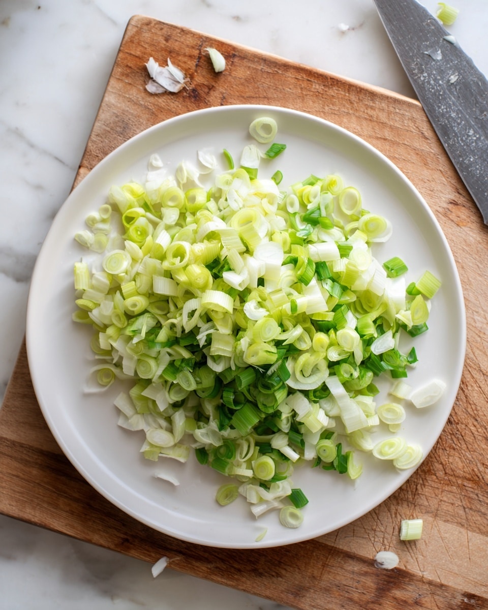 A white plate holds a pile of small chopped pieces of pale green and white leeks, with some pieces showing layers and light green rings. The plate sits on a wooden cutting board which shows a few knife marks. In the top right corner, the edge of a knife is visible. The whole setup is on a white marbled surface, creating a clean and fresh look. Photo taken with an iphone --ar 4:5 --v 7