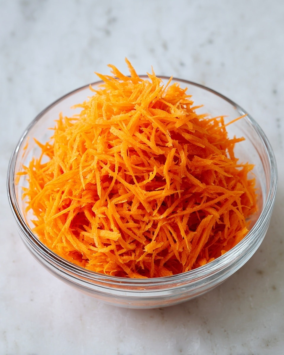 A clear glass bowl filled with a mound of finely shredded bright orange carrot sits on a white marbled surface. The carrot shreds are thin and evenly spread, filling the bowl to the top with a soft, textured appearance. The bowl is centered in the image with a clean and simple background that highlights the vibrant orange color of the carrots. Photo taken with an iphone --ar 4:5 --v 7