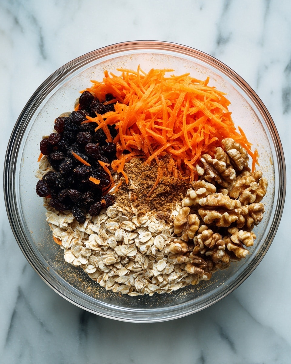 A clear glass bowl on a white marbled surface holds a mix of ingredients. At the bottom is a layer of light beige rolled oats, partially submerged in a liquid that makes them look soft. On top, there is a bright orange pile of shredded carrot placed on one side. Next to it is a heap of dark brown raisins, and beside that are walnut halves with a warm brown color and rough texture. The inside edge of the bowl is lightly dusted with a brown spice, adding a speckled detail to the clear glass. photo taken with an iphone --ar 4:5 --v 7
