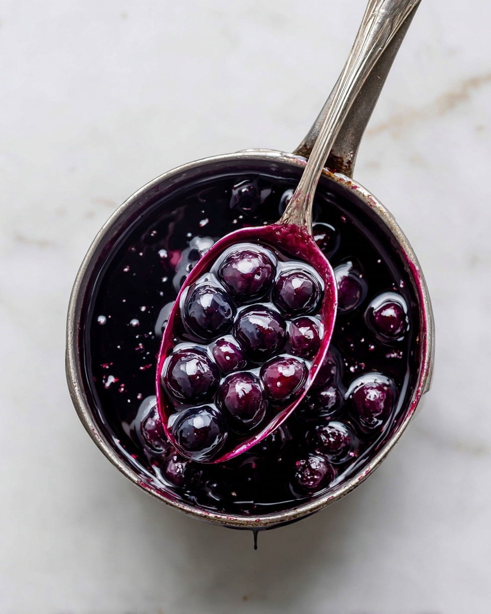 The image shows a close-up of a small metal pot filled with a thick, dark purple blueberry sauce with many whole blueberries floating in the syrup. A large silver spoon is resting in the pot, partially covered in the shiny blueberry liquid with some dripping off the edge. The sauce has a glossy texture, and the blueberries look plump and soft. The pot is placed on a white marbled surface. photo taken with an iphone --ar 4:5 --v 7