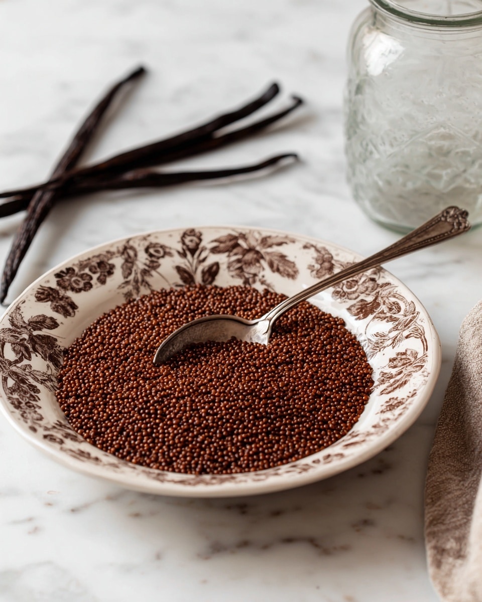 The image shows a white plate with a brown floral design filled with a thick layer of small, round, brown grains, covering the entire surface inside the plate. A silver spoon rests on the grains, slightly sinking into them, giving a rough texture. Behind the plate, there are three long, dark brown vanilla pods placed diagonally on a white marbled surface and a clear glass jar with a wide opening. Photo taken with an iphone --ar 4:5 --v 7