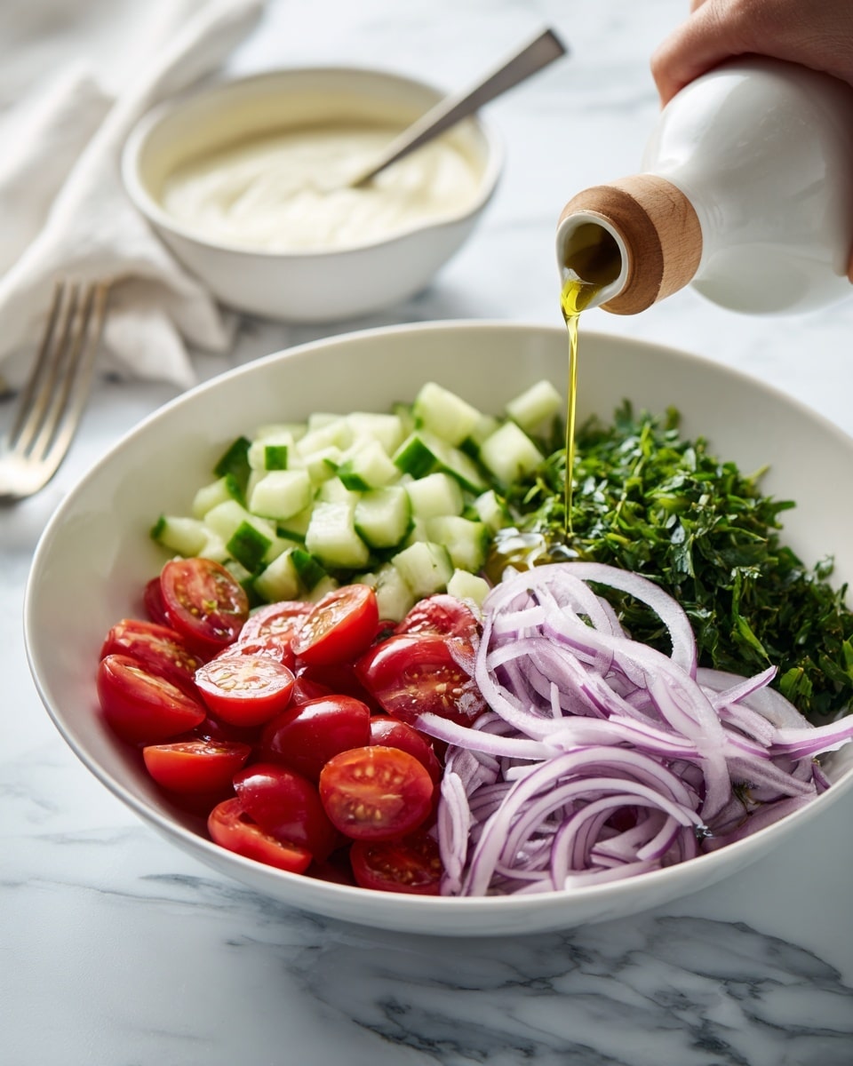 A close-up image showing a white bowl filled with a creamy light beige sauce with a spoon resting in it, held by a woman's hand wearing a light beige sleeve. To the left, three dark green cucumbers with shiny skin lie on a black textured board. Behind the bowl, a metal mixing bowl with a pale pink mixture is partially visible, and next to it is a small jar labeled