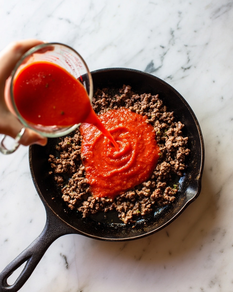 A black cast iron pan with cooked browned meat spread evenly inside. In the center, a bright red tomato sauce is poured on top from a clear glass measuring cup held by a woman's hand. The pan rests on a white marbled surface. The meat has a coarse texture with small uneven pieces, and the tomato sauce looks thick and chunky. Photo taken with an iphone --ar 4:5 --v 7