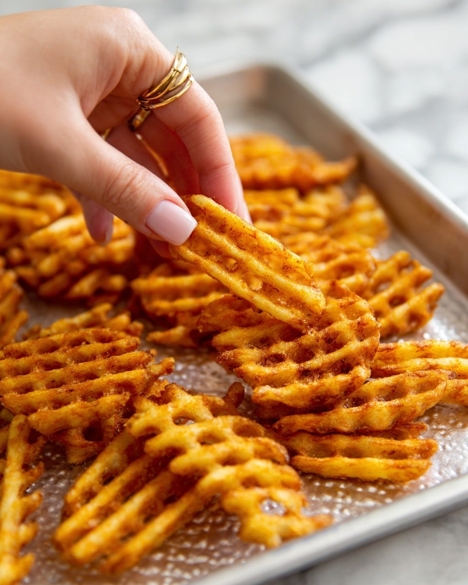 The image shows a close-up of golden-brown waffle fries spread over a clear tray with a textured surface. The fries have a crisscross pattern and look crispy with some darker edges. A woman's hand with light skin and a gold ring is picking up one fry from the tray. The background is a white marbled texture. photo taken with an iphone --ar 4:5 --v 7