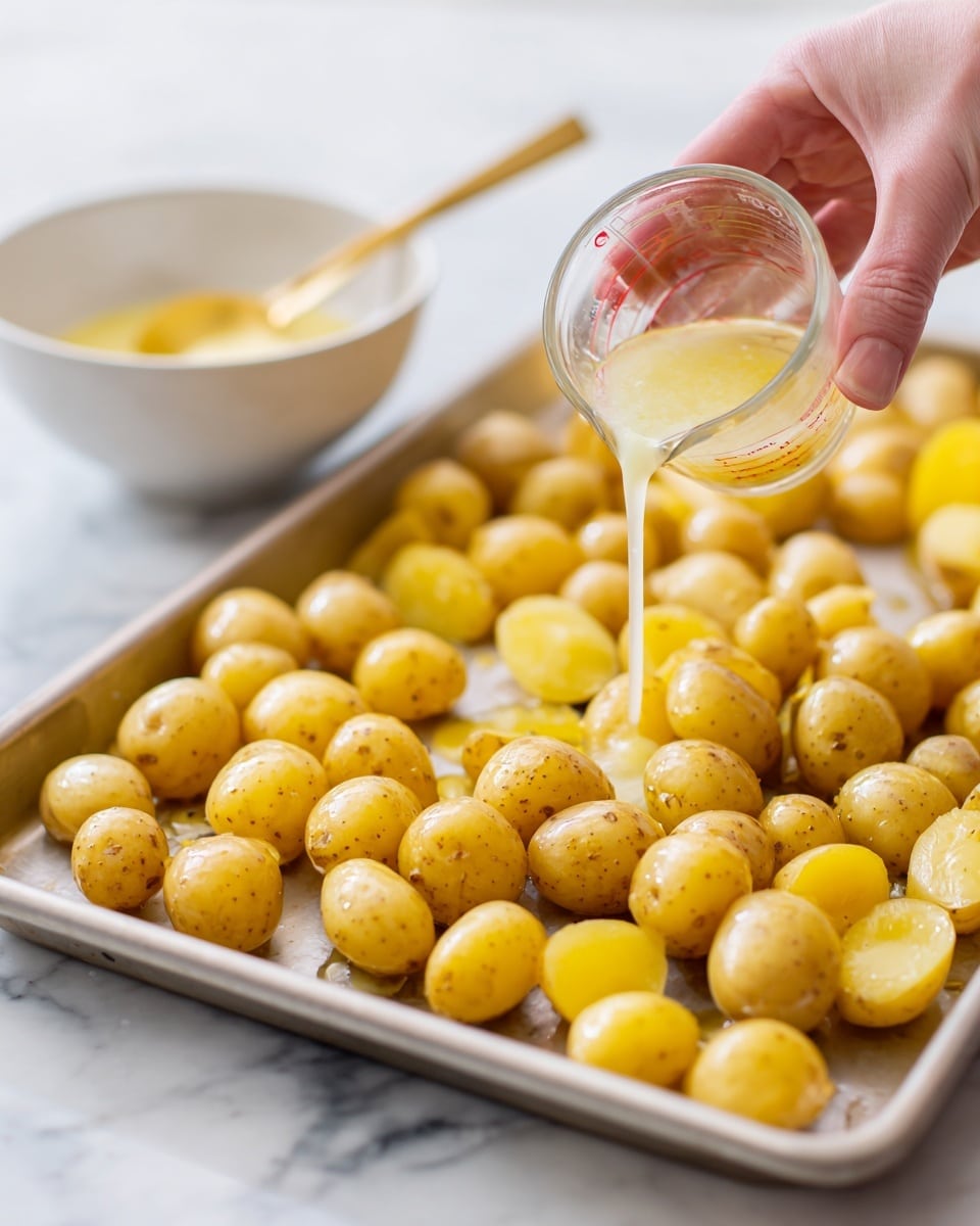 A silver baking tray filled with small round yellow potatoes, some whole and some cut in half, scattered evenly across the surface. A clear liquid is being poured onto the potatoes from a clear glass measuring cup held by a woman's hand, creating a shiny, wet look on the potatoes and tray. In the background, a white bowl with light-colored sauce and a gold spoon inside sits on a white marbled surface. The overall scene is bright and clean, highlighting the texture of the potatoes and the smooth metal tray. photo taken with an iphone --ar 4:5 --v 7