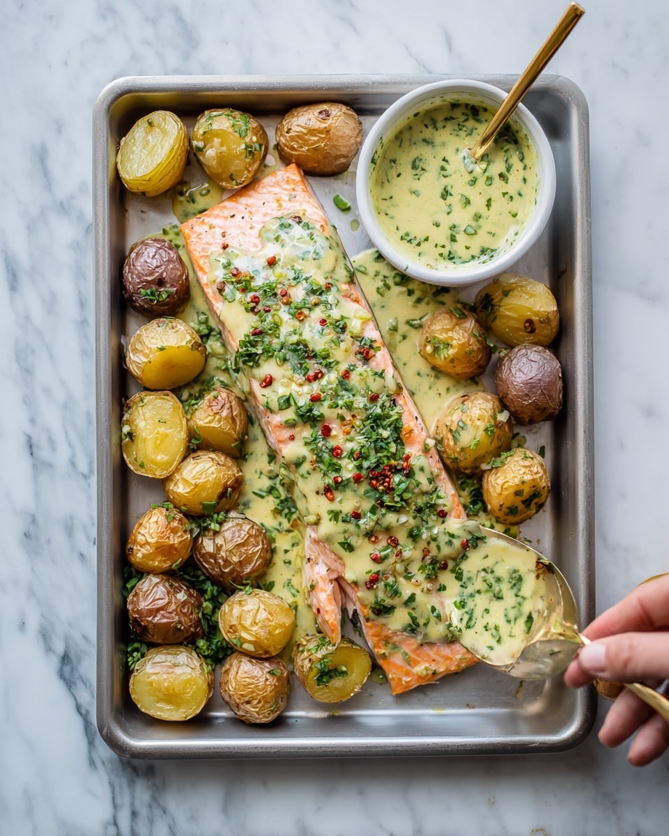 A silver baking tray holds a large cooked salmon fillet in the center, topped with a yellowish creamy sauce sprinkled with green herbs and red pepper flakes. Around the salmon are small roasted golden-brown baby potatoes, some sliced in half, showing a soft yellow inside and a crispy outer skin. A woman's hand is holding a small white bowl with green herb sauce and a gold spoon drizzling the sauce over the potatoes and salmon. The tray is on a white marbled surface. photo taken with an iphone --ar 4:5 --v 7