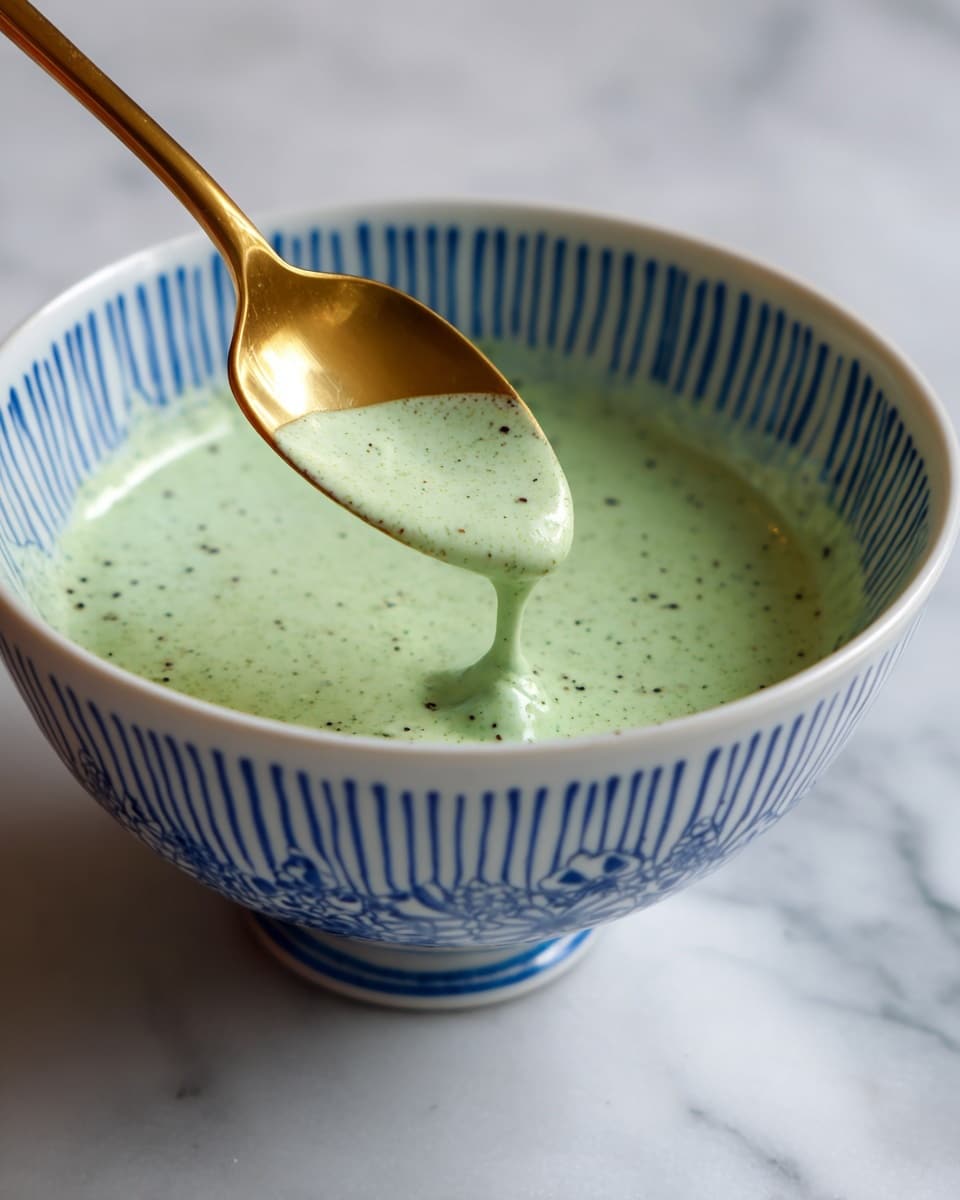 A close-up view of a white bowl with a blue pattern on the inside, filled with a creamy light green sauce that has small dark green and black specks throughout. A golden spoon scoops some of the sauce, showing its smooth and thick texture. The bowl is placed on a white marbled surface, creating a clean and bright setting. photo taken with an iphone --ar 4:5 --v 7
