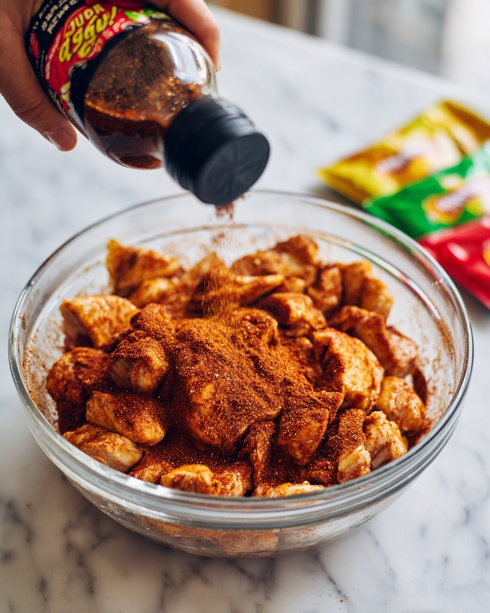 A clear glass bowl sits on a white marbled surface filled with raw chicken pieces that are covered with a thick layer of reddish-brown spice powder. A woman's hand is holding a dark brown bottle with a black flip cap above the bowl, gently pouring a liquid over the chicken and spices. In the background, two colorful seasoning packets are slightly blurred but visible. The scene is bright and clear, showing the texture of the chicken and spices in detail. photo taken with an iphone --ar 4:5 --v 7