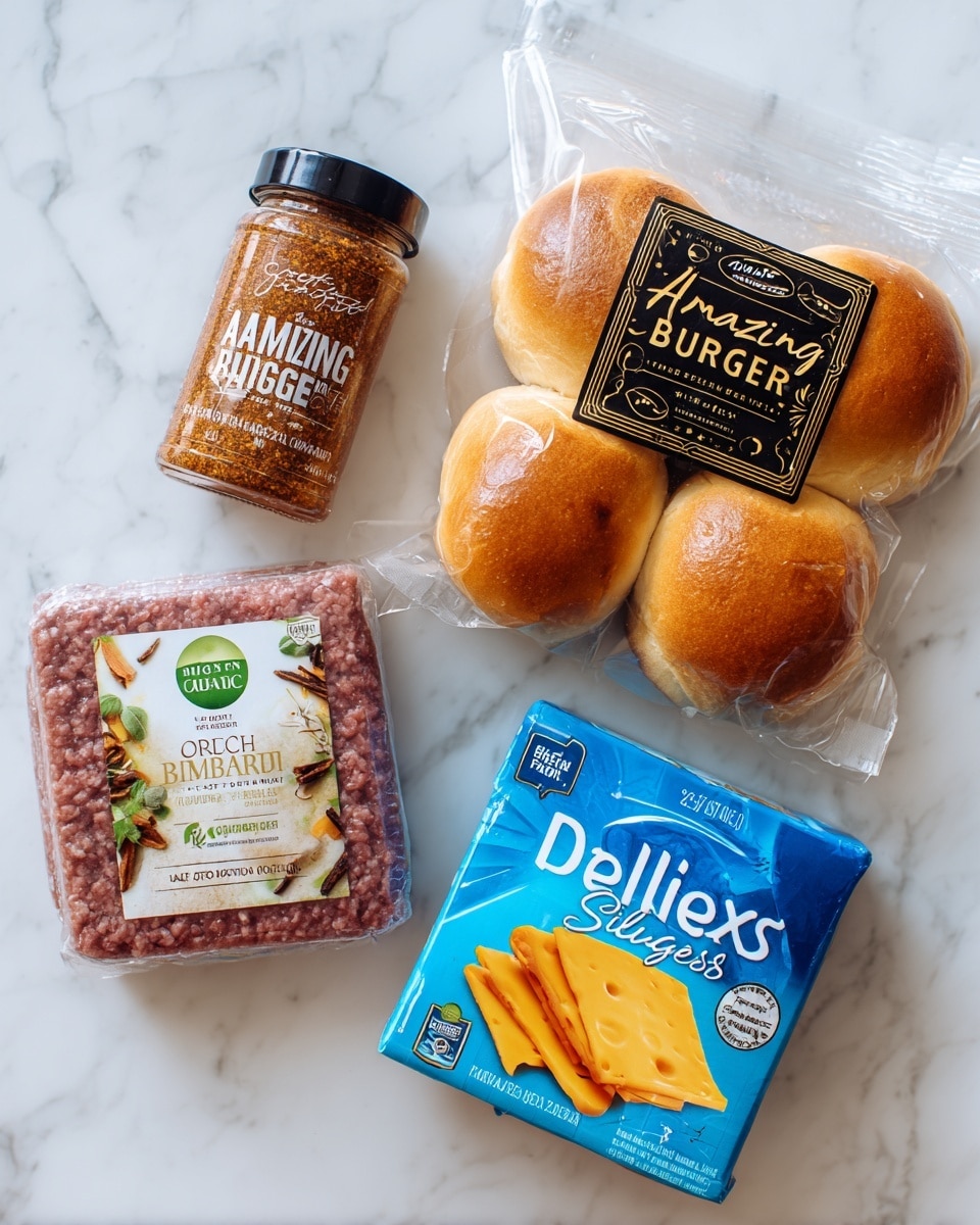 The image shows four main items arranged on a white marbled surface: at the top right, a clear plastic package holding three golden brioche buns with a black label featuring decorative gold and white text; at the top left, a small jar of reddish-brown burger seasoning labeled
