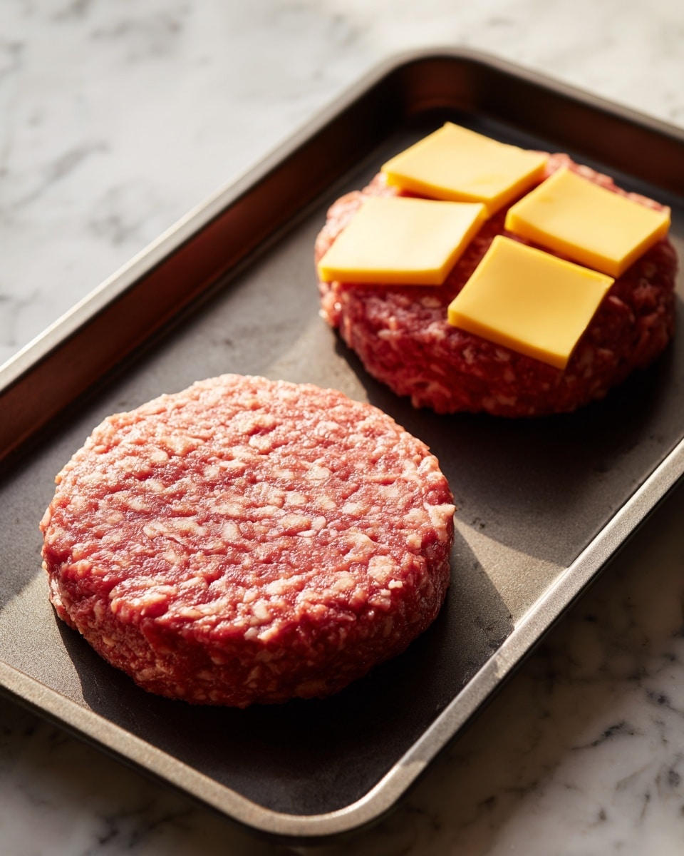 Two raw burger patties are placed on a dark baking tray set on a white marbled surface. The top patty is plain with a rough, uneven texture and a reddish-pink color. The bottom patty is bigger and has five small square slices of yellow cheese arranged on its center, showing the contrast between the raw meat and melted cheese. The tray edges are rounded and the lighting highlights the freshness of the ingredients. photo taken with an iphone --ar 4:5 --v 7
