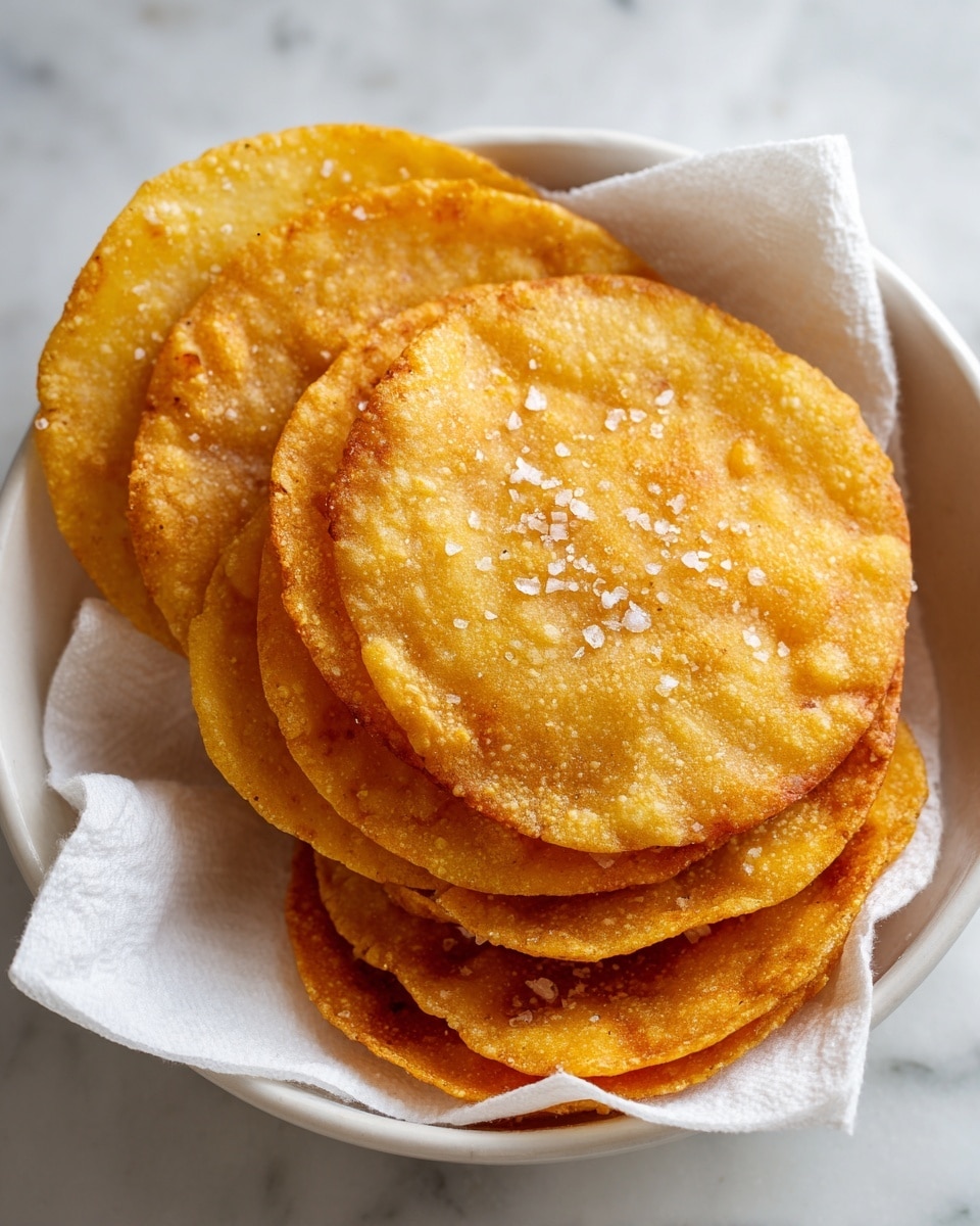 Five round, golden brown fried tortillas are stacked slightly overlapping inside a white bowl lined with white paper towels, resting on a white marbled surface. Each tortilla has a crispy texture with small bubbly spots and a light sprinkle of coarse salt across the surface, showing a slight gloss from frying. The paper towels beneath them add a soft texture contrast and absorb excess oil. Photo taken with an iphone --ar 4:5 --v 7