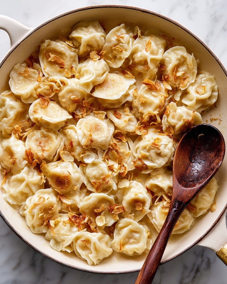 The image shows a white pan filled with many pale yellow dumplings that have a soft, slightly wrinkled texture. Scattered between the dumplings are thin, golden-brown slices of fried garlic, adding contrast in color and texture. On the right side, a dark wooden spoon rests inside the pan, its smooth surface complementing the light colors of the dumplings and garlic. The background is a white marbled texture that adds a clean and bright look to the scene. photo taken with an iphone --ar 4:5 --v 7