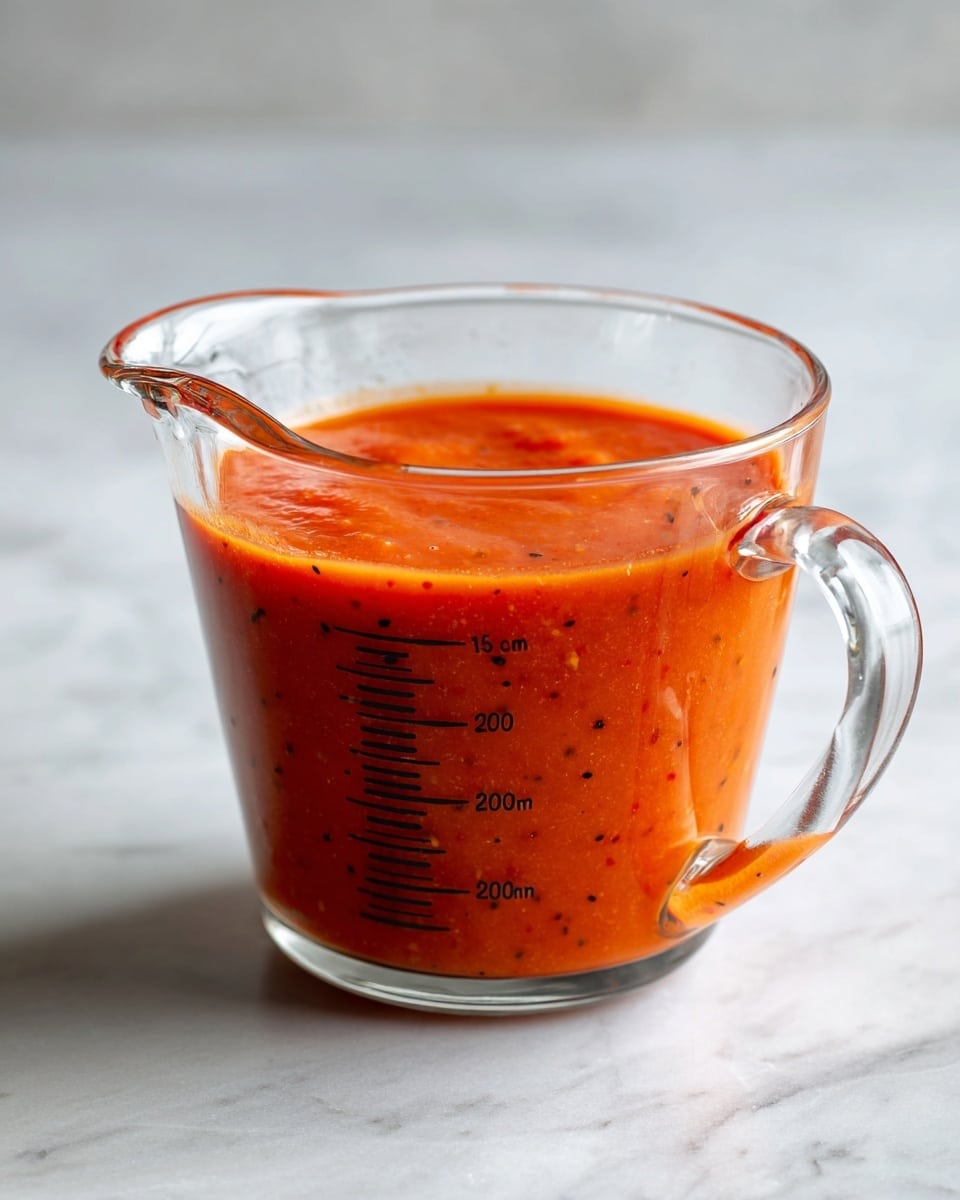 A clear glass measuring cup filled about halfway with smooth, thick, orange-red sauce showing tiny black specks inside. The measuring cup has black measurement marks on its side that go up to 2 cups or 500 ml, with the sauce level just above the 1-cup or 250 ml mark. The cup has a clear glass handle on the right side and a small spout on the opposite side. It sits on a white marbled surface with soft light coming from the back left, casting a faint shadow on the left side of the cup. Photo taken with an iphone --ar 4:5 --v 7