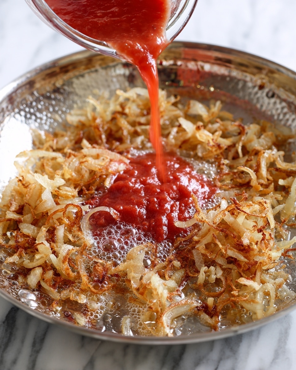 A close-up of a silver pan with a layer of light brown fried onions sizzling in oil at the bottom. Bright red tomato sauce is being poured in the center of the pan from a clear glass container, creating a contrast against the golden onions and the shiny surface of the pan. Bubbles form around the onions and sauce, showing the heat of cooking. The background is a white marbled texture. photo taken with an iphone --ar 4:5 --v 7