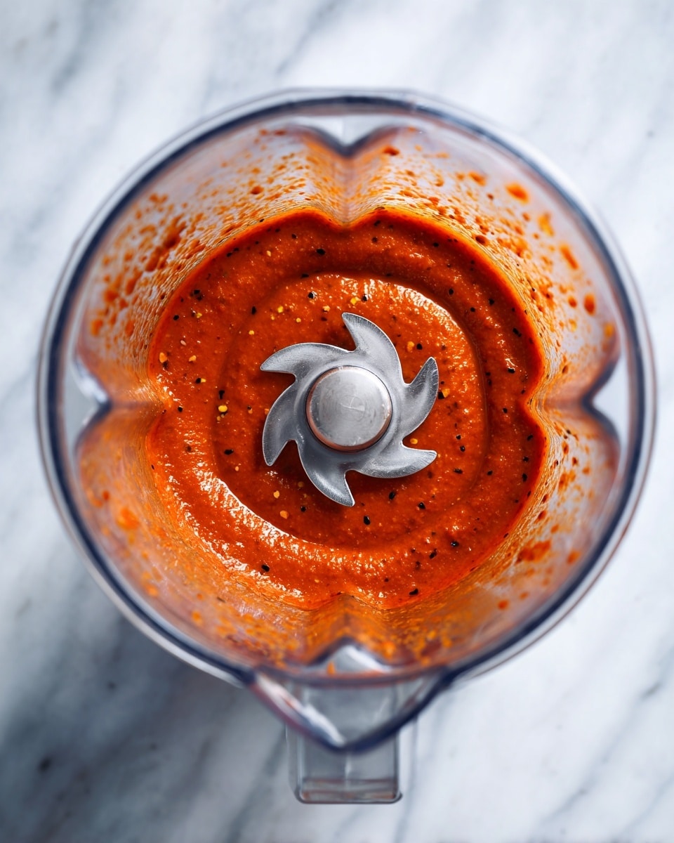 The image shows a close-up top view of a blender container sitting on a white marbled surface. Inside the clear container, there is one layer of thick, smooth red sauce with tiny black and orange specks mixed in. The sauce fills about one-third of the blender's height, surrounding the sharp silver blades positioned in the center. The blades have a slight curve and appear clean and shiny, contrasting against the vibrant red sauce. The edges and inside of the container have scattered droplets of sauce. The background is bright and clean, highlighting the details inside the blender. photo taken with an iphone --ar 4:5 --v 7