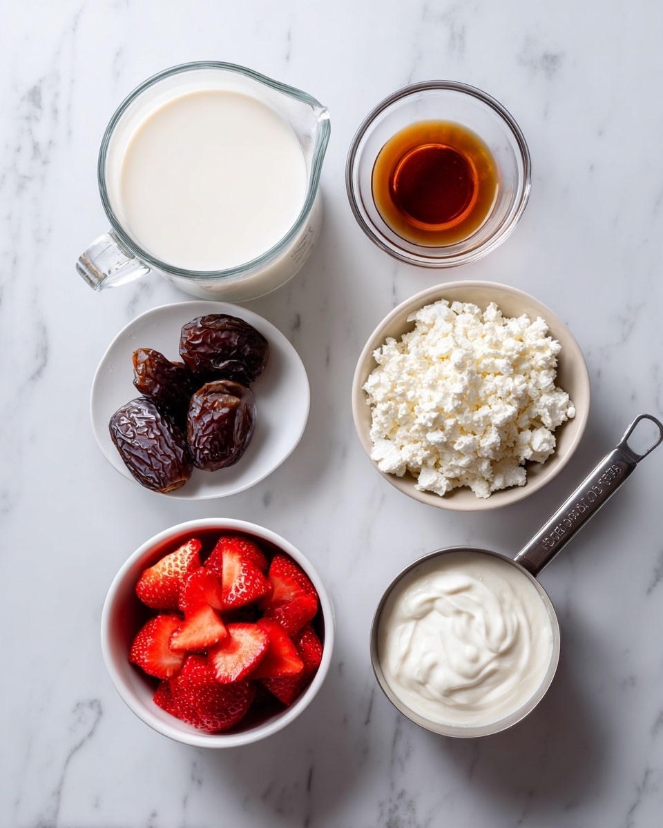 A white marbled surface holds six ingredients neatly arranged: a glass measuring cup filled with white milk on the top left, two small clear bowls next to each other on the right side with one containing dark amber vanilla extract and the other light brown peanut butter, three whole dark brown dates near the bowls; below the milk cup is a white bowl filled with fresh bright red sliced strawberries, to the right of this bowl is a metal measuring cup filled with white cottage cheese, and to the right of that is a small white bowl with smooth white yogurt. photo taken with an iphone --ar 4:5 --v 7