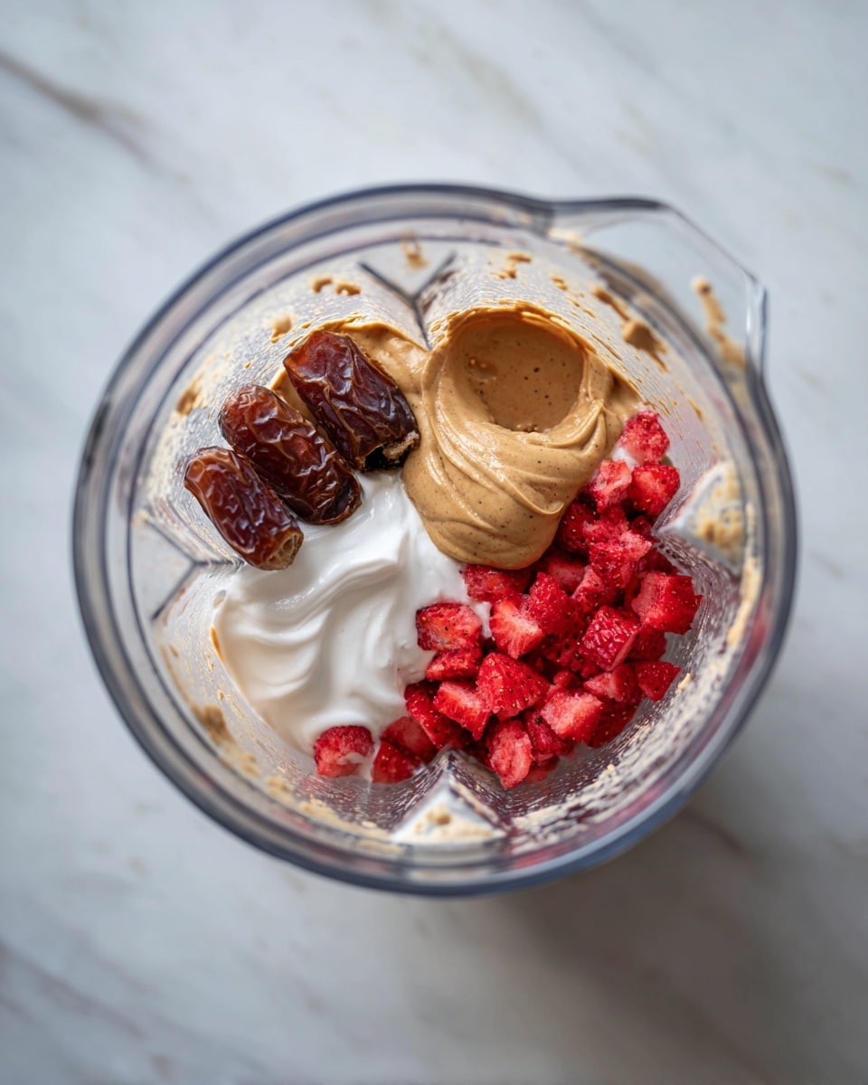 Inside a clear blender container on a white marbled surface, there are five visible layers: a dark brown dried date positioned near the center left, a light brown creamy peanut butter on the center right, bright red strawberry pieces scattered mostly in the lower right quadrant, a dollop of thick white yogurt in the lower left, and a light tan liquid base that surrounds all the ingredients. The clear container has subtle measurement markings and is seen from above. photo taken with an iphone --ar 4:5 --v 7