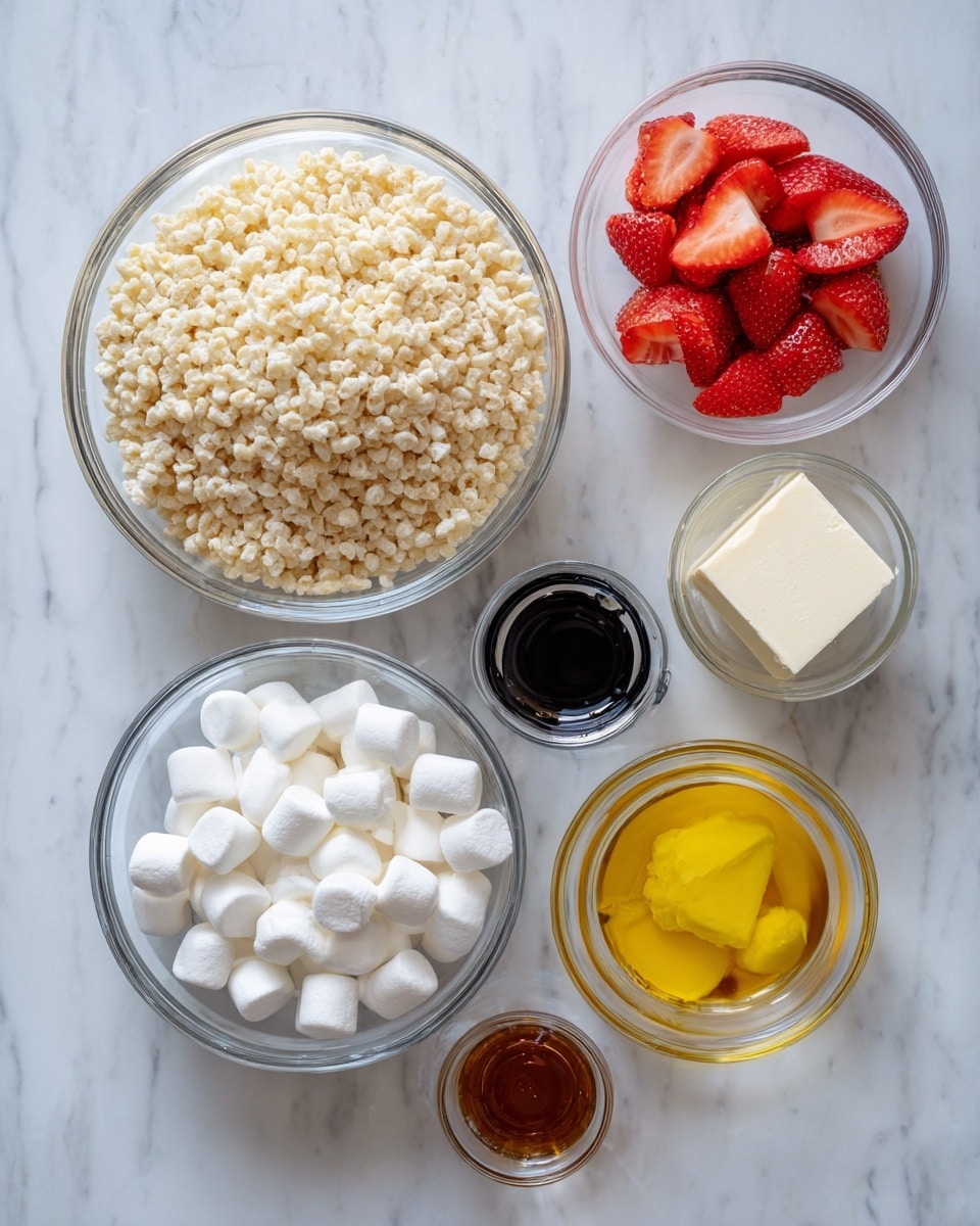 The image shows six clear glass and one black measuring cup bowls placed on a white marbled surface. The largest clear glass bowl on the left is filled with light beige puffed rice cereal. Below it, a medium clear glass bowl contains many small white marshmallows. To the right, a black measuring cup holds yellow melted butter. Above the butter, a small clear glass bowl has bright red sliced strawberries and whole strawberries. Next to the strawberries, a very small clear glass bowl contains a white block of cream cheese. Above the cream cheese, another small clear glass bowl holds dark brown vanilla extract. photo taken with an iphone --ar 4:5 --v 7