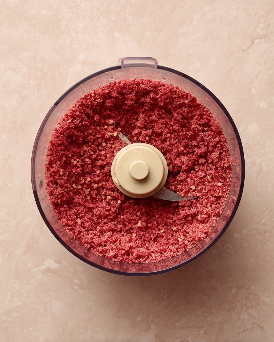 Inside a clear food processor bowl with a beige blade attachment in the center, there is a single layer of finely crushed red powder, bright and textured with small bits visible throughout. The bowl sits on a white marbled surface, which provides a soft, elegant background. The red powder fills the bottom evenly, contrasting with the smooth, light beige blade and the transparent plastic of the bowl. Photo taken with an iphone --ar 4:5 --v 7