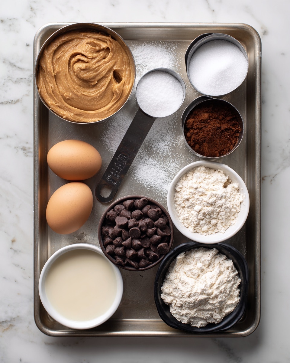 A top-down view of a metal baking tray on a white marbled surface holds several baking ingredients arranged in two rows. In the top row from left to right, there is a metal measuring cup filled with a smooth, light brown paste, a metal measuring cup with white granulated sugar, and some scattered white powder in the tray. In the bottom row from left to right, there are two light brown eggs, a white cup filled with off-white creamy liquid, a white bowl full of dark brown chocolate chips, a black measuring cup with dark brown cocoa powder, and a black measuring cup filled with white flour. The scene is bright and well-lit, showing texture clearly, photo taken with an iphone --ar 4:5 --v 7
