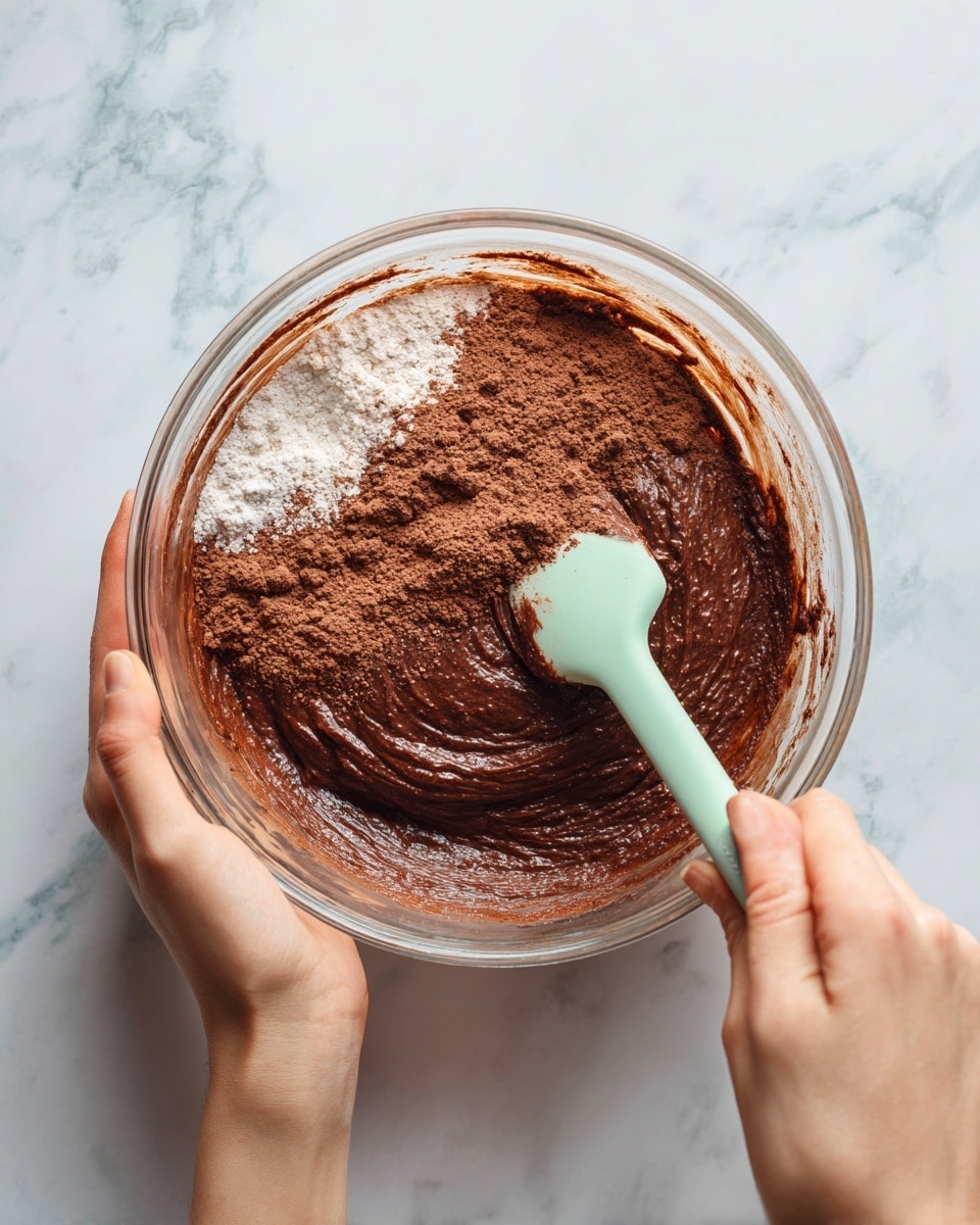 A clear glass bowl is held by a woman's hand from the bottom left, containing a mix of dry and wet ingredients. The top layer is a dry, powdery cocoa mixture that is dark brown with a fine texture, partly stirred to reveal the glossy, thick, and darker brown wet batter underneath. A light green spatula with some batter on its tip is held by another woman's hand from the right side, mixing the ingredients in the bowl. The scene is set on a white marbled background. photo taken with an iphone --ar 4:5 --v 7